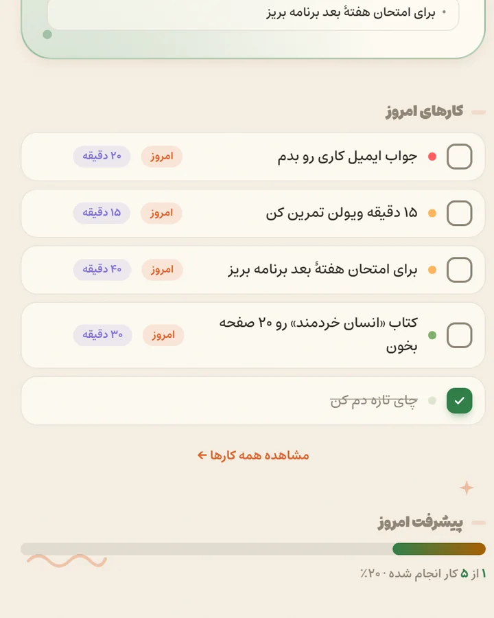 فهرست کارهای امروز در دَفتَرچه با اولویت، مدت تخمینی و نوار پیشرفت روز.